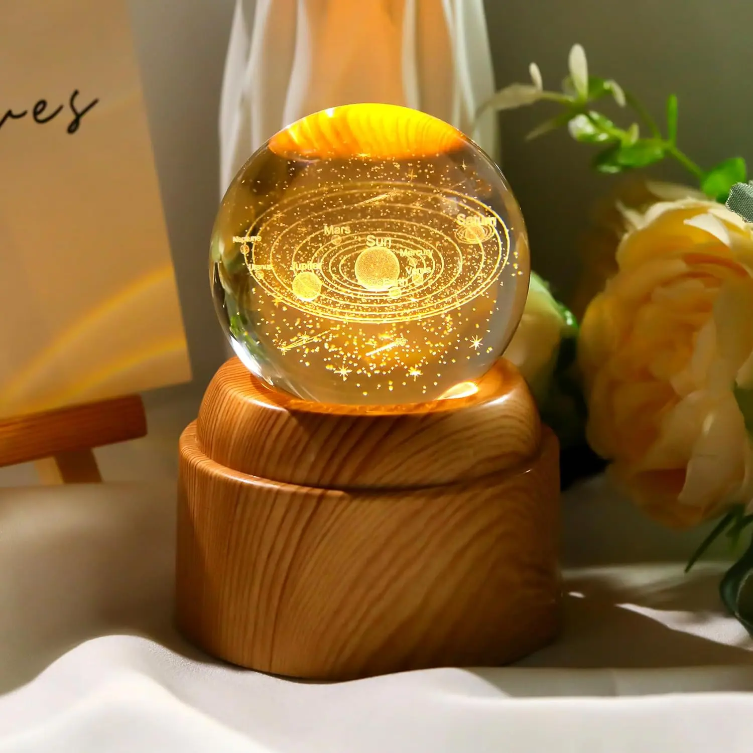 2.36in 3D Laser Engraving Solar System Crystal Globe - Auto-Rotate Wood-Grain Plastic Base, Saturn Milky Way Warm Light, Ac Power Supply Space Decor, Gift-Ready Collectible for Physics Enthusiasts, Gifts for Boyfriends
