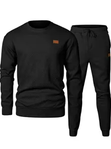 Men's Autumn Texture Fabric Crew Neck Sweatshirt & Pants Set, Elastic Waist Drawstring Long Pants, Casual Wardrobe Essential