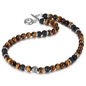 8MM Natural Yellow Tiger Eye's Stone Lava Beaded Necklace Choker Toggle Clasp for Men Female Handmade Jewelry Gift christmas gift