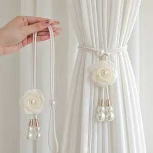 Elegant Artificial Pearl Flower Curtain Tiebacks, Adjustable Curtain Hooks, Home Decor, Window Decorations Supplies, Adds Warm Atmosphere, 2pcs Set, Home Textile, Curtain Tie Backs For Curtains