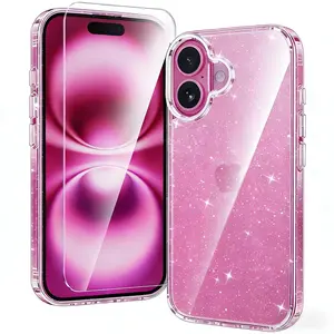 Glitter iPhone 17 Pro Max,16 plus,15,14,13, Smartphone Case with screen tempered glass film Glitter Sparkly Shiny Bling Cover, Anti-scratch Soft TPU Thin Slim Shockproof Protective Phone Case for Women Girls, Screen Protector