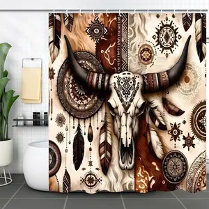 Stylish Bull Skull Pattern Shower Curtain, Waterproof Bathroom Curtain for High-End Hotel Decor, Includes 12 Hooks, 180cm X 180cm Polyester, Shower Curtain Sets, Showercurtain, Bathroom Shower Equipment