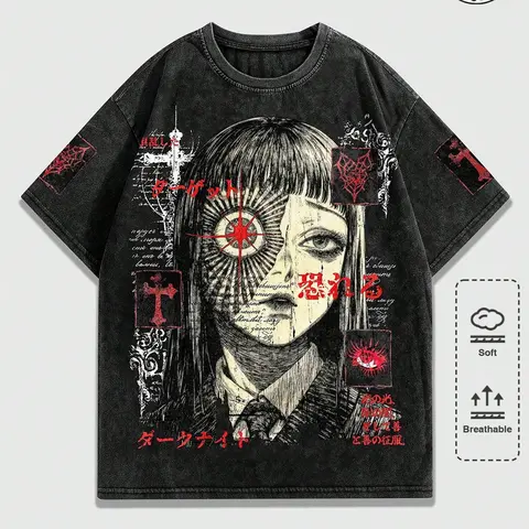 Unisex 100% Cotton Washed Loose Short Sleeve T-Shirt, Japanese Dark Horror Anime Print, Casual Graphic Design, American Grunge Subculture Streetwear