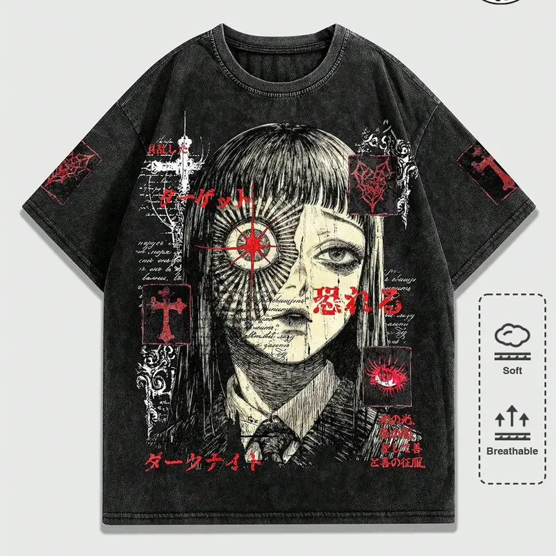 Unisex 100% Cotton Washed Loose Short Sleeve T-Shirt, Japanese Dark Horror Anime Print, Casual Graphic Design, American Grunge Subculture Streetwear