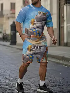 Men's 3D Digital Print Two-Piece Set, Lazy Hippo Vacation Fun Print Short-Sleeve Set, Trendy Casual Two-Piece, Beach Vacation Style Trendy Outfit, Lightweight and Breathable Sports-Casual Style, Perfect Gift for Men on Festivals