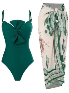 Women's Backless Twist Front Cami Bodysuit & Knot Front Cover Up Skirt Swimwear Set, Adjustable Strap One-piece Swimsuit & High Waist Contrast Binding Swim Skirt, Korean Swimming Suit, Beach Outdoor Wear, Beach Holiday Swimsuit Set