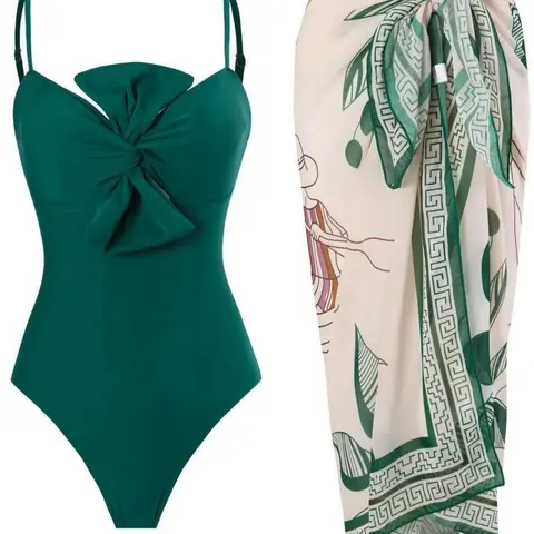 Women's Backless Twist Front Cami Bodysuit & Knot Front Cover Up Skirt Swimwear Set, Adjustable Strap One-piece Swimsuit & High Waist Contrast Binding Swim Skirt, Beach Outdoor Wear, Beachwear Cover Up, Bathing Suit Coverup, Swimwear Coverups