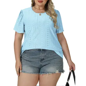 VOGARCE Plus-Size Tops for Women Summer Trendy Eyelet Puff Short Sleeve T Shirts XL-5XL Casual Crewneck Solid Color Tunics RPS2145