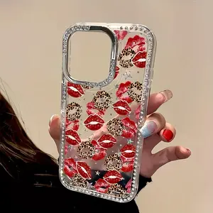 Leopard Print Red Lips Luxury Rhinestone Fashion Phone Case, Transparent Sparkling Frame Star Shell Anti-Drop Cover for iPhone17 16 Pro Max 15 Plus 14 12 11 Protective Case, Christmas Gift, New Year's Gift, Easter Gift, Halloween Gift for