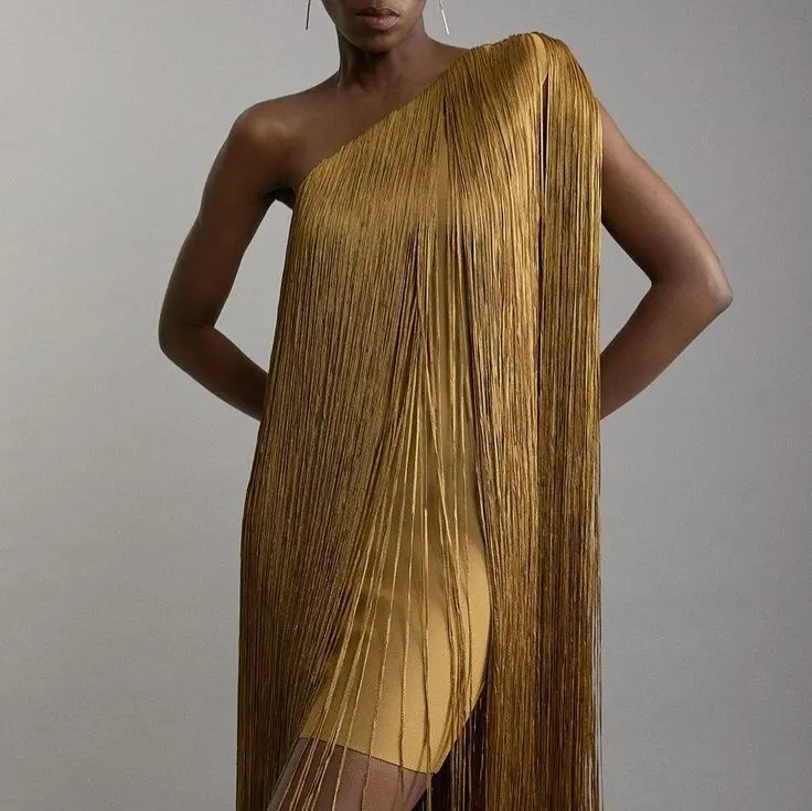 Women's Metallic Gold 1-Shoulder Sleeveless Asymmetrical Neck Fringe Midi Bodycon Gown, Slim Lining, Long Tassel Overlay, Elegant Womenswear Workwear Formal Party Club Evening Dress Womenswear Chic Chic Piece Style Workwear