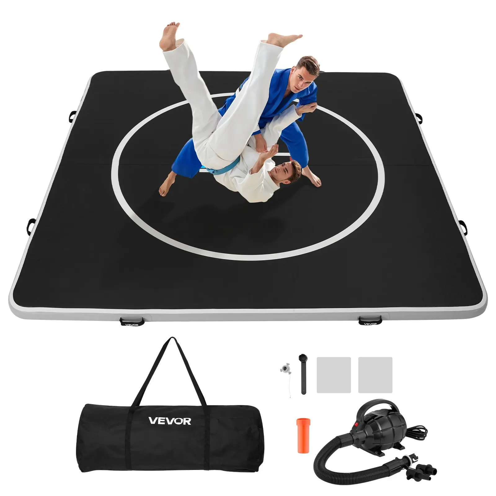 【Summerfinds】VEVOR 10x10 ft Wrestling Mat Inflatable, Martial Arts Thick Mat for Home Gym Exercise, PVC Foldable Training Mats with Circles and 600W Air Pump, for Gymnastics, Tatami, Jiu Jitsu BJJ MMA Judo, Black Home Pilates Equipment Multifunctional Pil