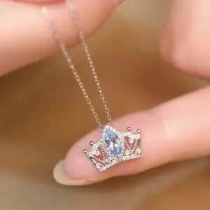 FASHIONXU Sterling Silver Aquamarine Necklace for Women Butterfly Heart Crown Pendant with Aquamarine Dainty Religious Jewelry Gift for Her, 18 Inch Chain