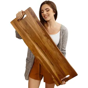 Large Acacia Serving Board with Handles, 36 x 12 Inch Rectangular Charcuterie Platter,   Server for Meat, Cheese Board, and Party Appetizers, Extra Long 3ft, Light