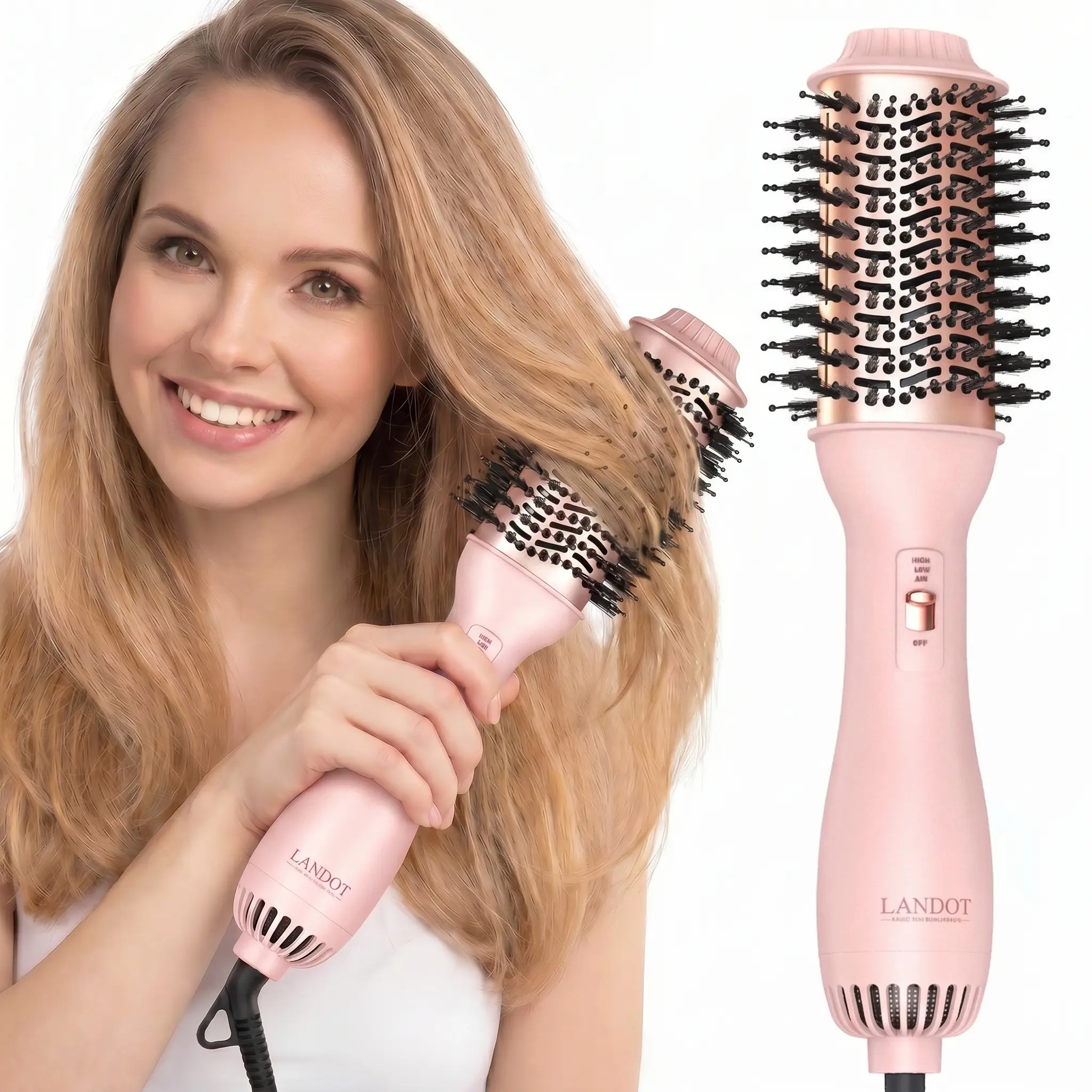 LANDOT Ionic Blow Dryer Brush - 3 Heat/2 Speed Hot Air Styler with Purple Diffuser, Fast Drying Hair Styling Tool for All Types, Smoothing, Volume & Anti-Frizz Salon Results