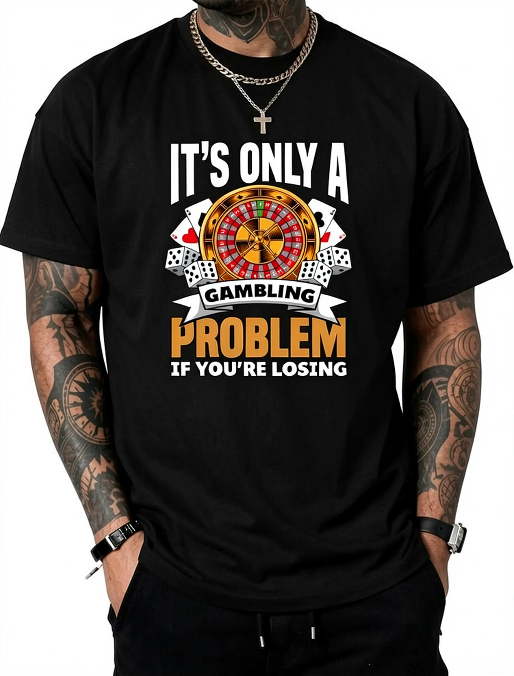 Unisex Funny Graphic Tee for Men - Pure Cotton Menswear Tops, Casino Roulette Slot Machine Themed, Cool Gifts for Guys, Funny Shirts