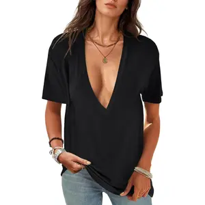 Womens Deep V-Neck T Shirts Short Sleeve Tops Summer Oversized Tee Army Green Basic Casual Fitted Minimalist Tshirt