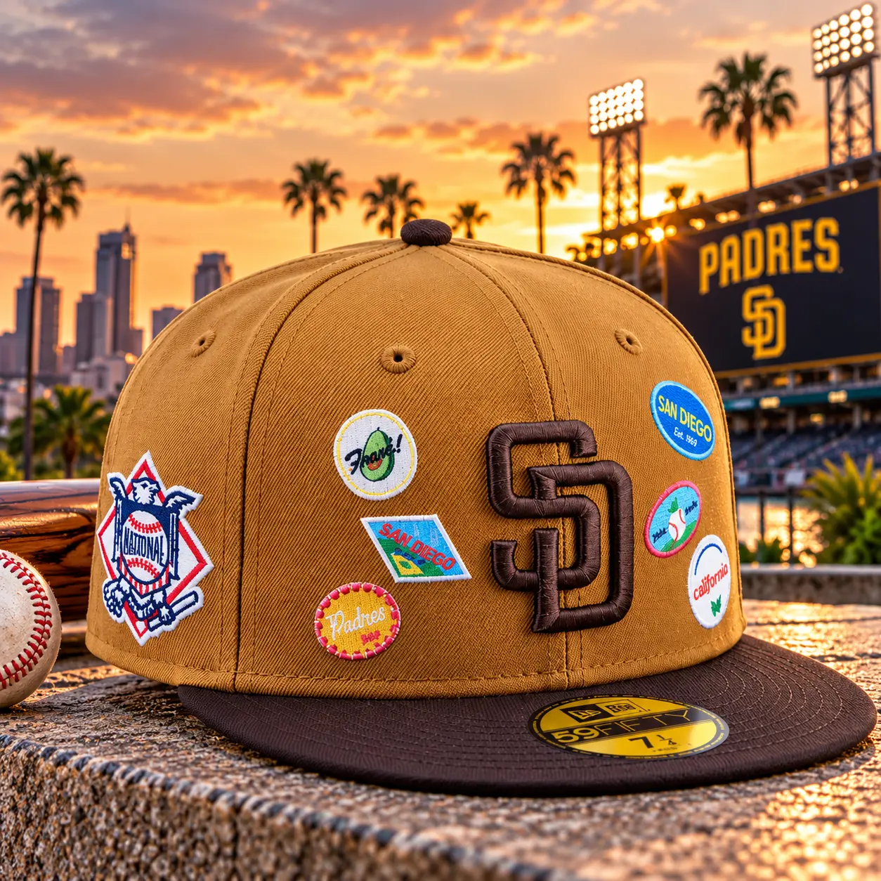 Brown Fitted Baseball Cap – Dark Brown Embroidered SD Letter Logo, Vintage Multicolor Patch Design, Two Tone Flat Brim Hat, Unisex Casual Sports Streetwear