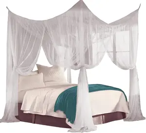 Elegant White Four Corner Bed Canopy Net Set, Decorative Sheer Mesh Drapes for Full, Queen & King Beds