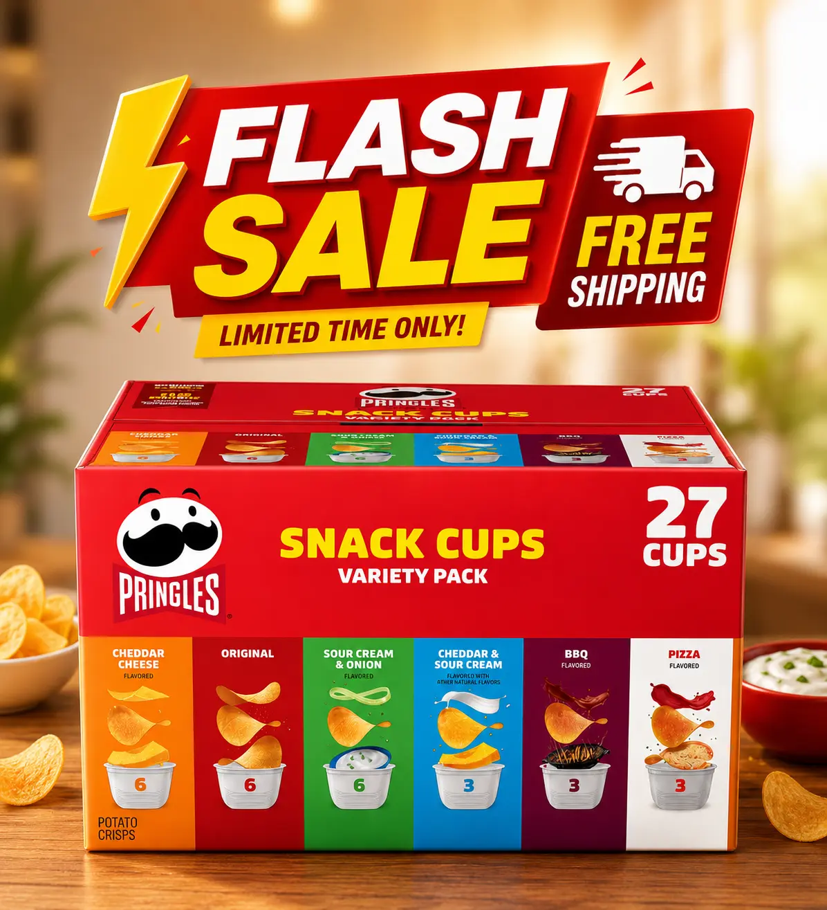 Pringles Potato Crisps Variety Pack Snack Cups, 27 Individual Grab & Go Cups (19.5oz Box) – Assorted Flavors, Crispy Stackable Potato Chips, Perfect Lunch Box Snacks, Office, School, Travel, Parties & On-the-Go Crunchy Family Snack Pack