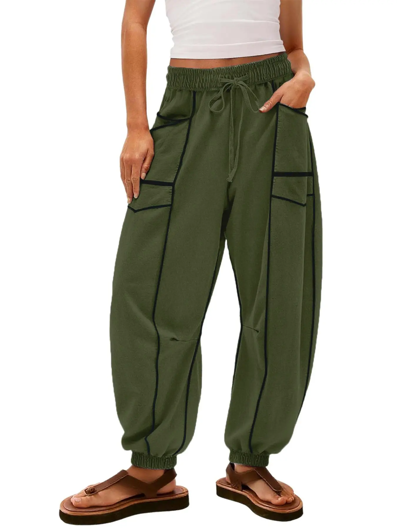 Women's New Loose Wide Leg Pants, Casual Drawstring Elastic Waist, Large Pockets, European Style Ladies Fashion Bottoms
