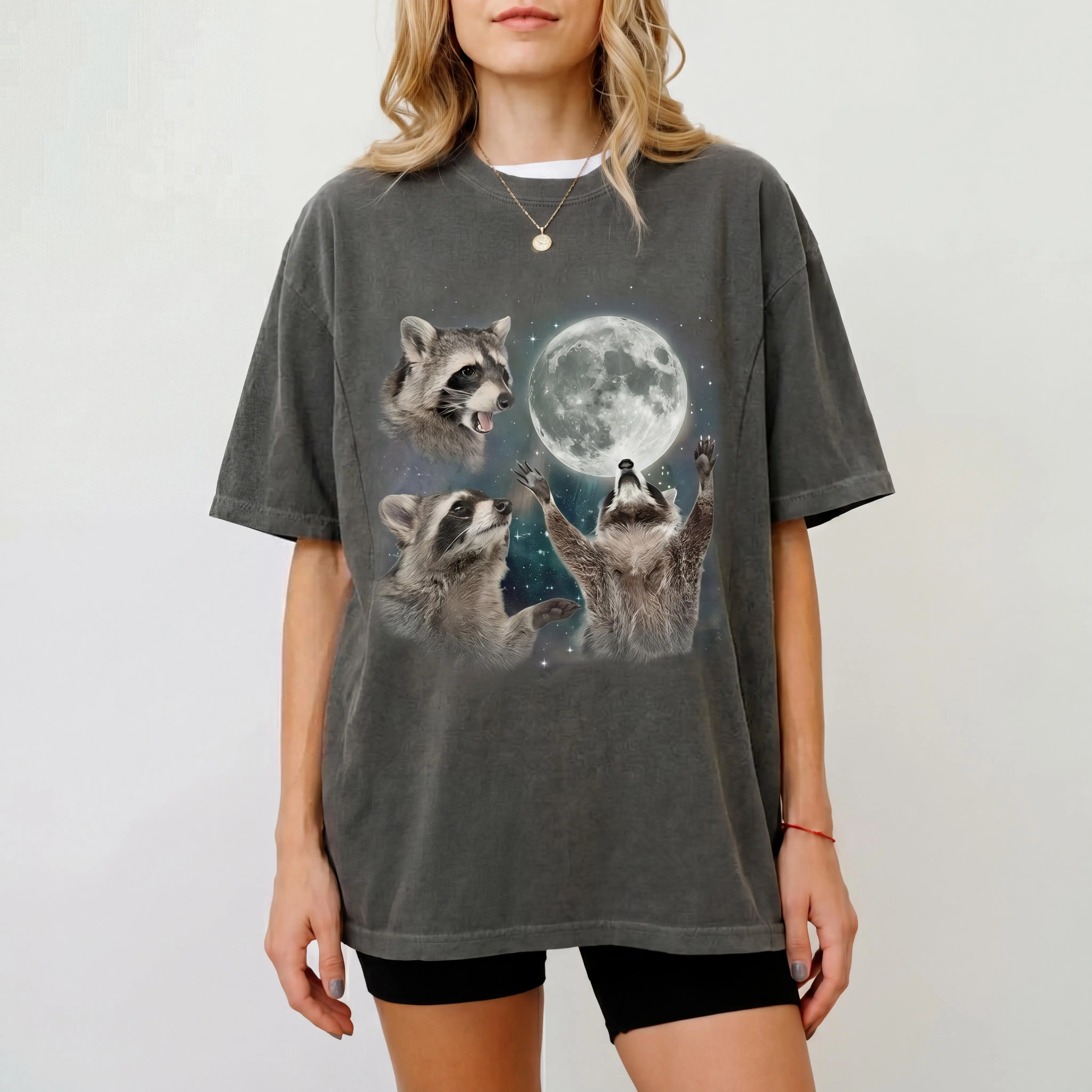 Giftifymama Women's Crewneck Shortsleeve Comfortable Fit Nursing T-Shirt, Raccoons Howling at the Moon Graphic Clothes
