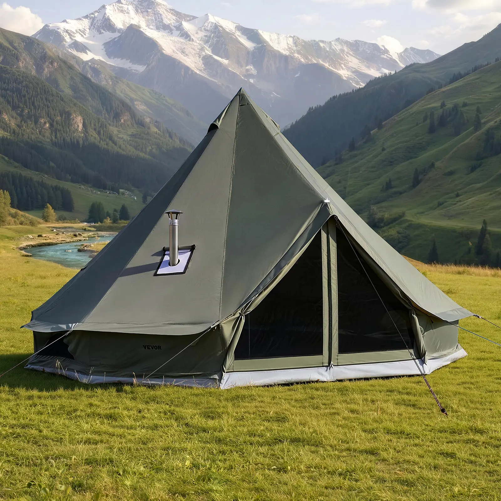 VEVOR 9.84ft Canvas Bell Yurt Tent, Sturdy Outdoor Camping Tent for 1-3 People with Stove Jack and Detachable Floor for Glamping, Tent Outdoor