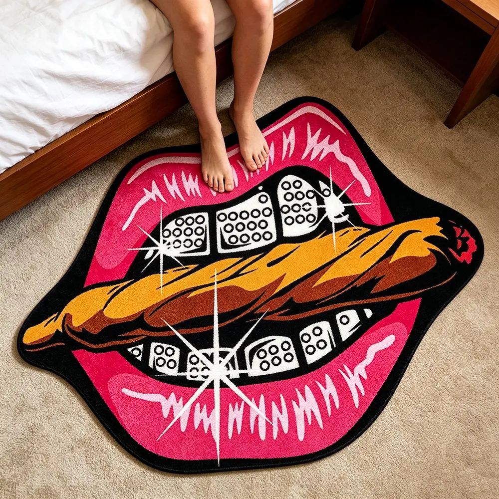 Hip-Hop Street Style Carpet, Rhinestone Toothbrush Cigar Lip Design, Washable Plush Rug for Living Room Bedroom, Contemporary Decorative Rug, Soft Area Rug, Home Decor