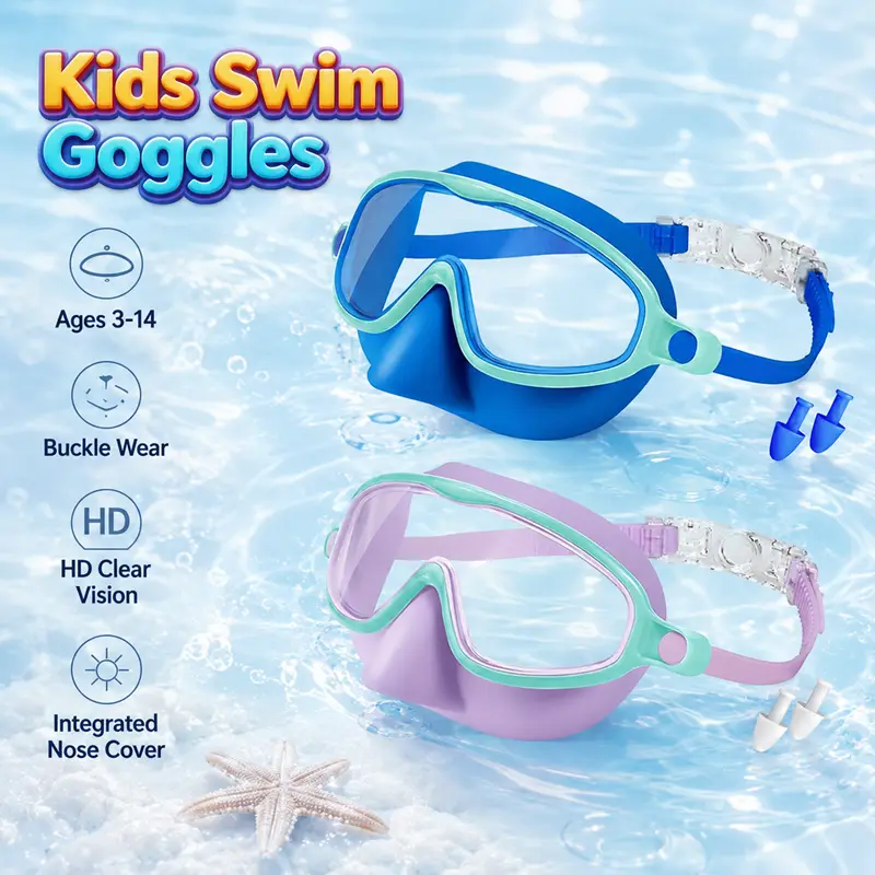 2 pcs These kids’ swimming goggles helped my child stop crying during swim lessons! Integrated nose cover, leakproof anti-fog HD lenses for ages 3–14, free earplugs included #KidsSwimGear #PoolEssentials #SummerForKids