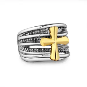 Aprilery Two Tone Twisted Rope Cross Ring Symbolic Jewelry of Faith Strength for Devotional Occasions & Bold Daily Styling Trendy Stackable Stacking Rings