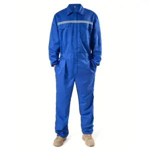 Men’s polyester solid-color loose-fit regular work overalls suit—breathable, durable, with pockets—for spring/fall; suitable for mechanics and shipyard workers; casual men’s blue menswear uniform