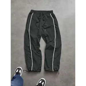 Men's Wide Leg Sports Pants with Drawstring and Side Stripes, Comfortable Breathable Casual Wear for Outdoor Activities