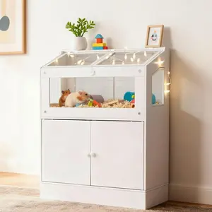 Hamster Cage with Storage Cabinet, Clear Acrylic Small Animal Enclosure, Ventilated Habitat for Gerbils, Rats, Guinea Pigs, Transparent Pet Cage with Cabinet Base