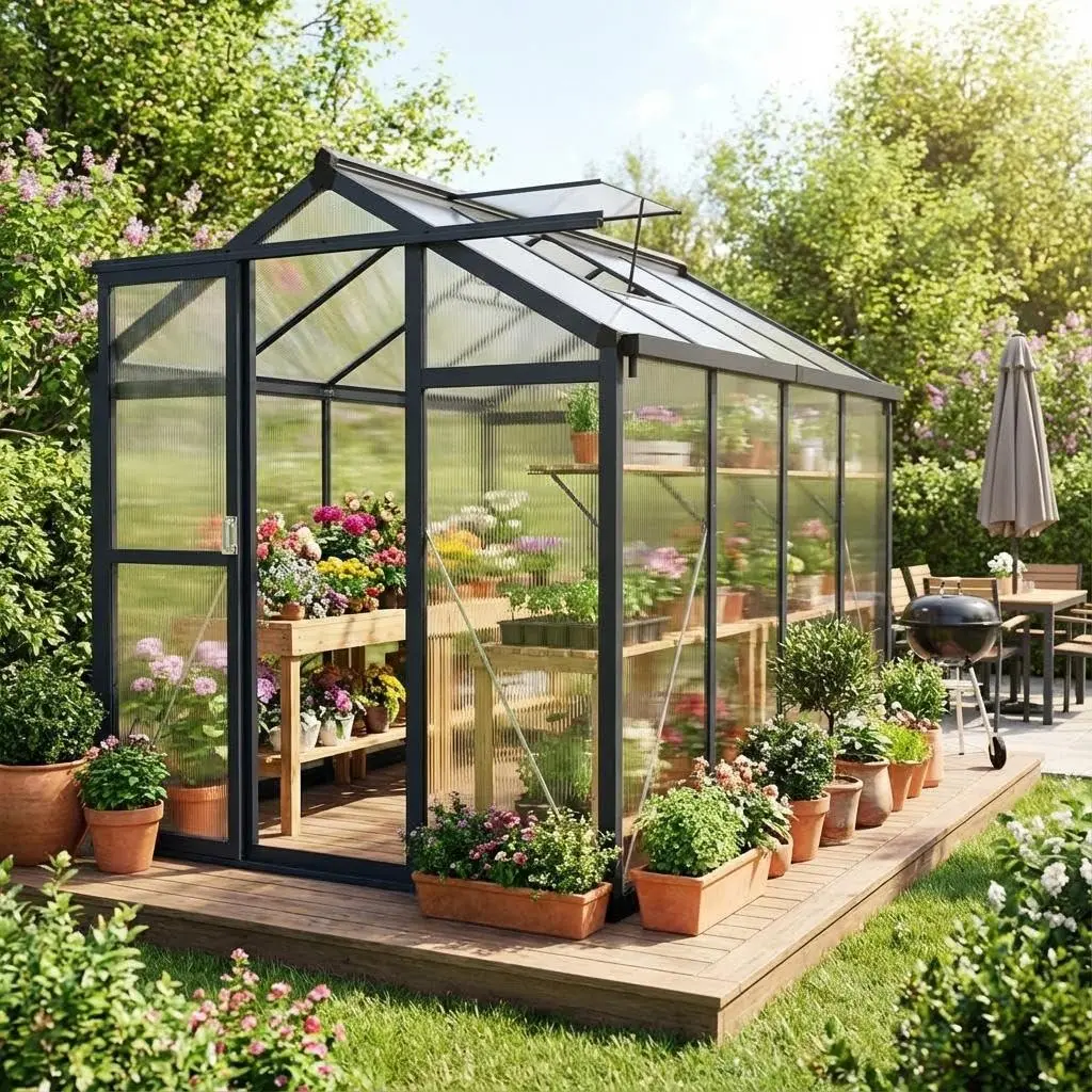 Modern Rectangular 6x8ft Aluminum Outdoor Walk-in Greenhouse with Heavy-Duty Polycarbonate Panels, Roof Vent, Rain Gutter, Lockable Smooth-Gliding Sliding Door, Ground Anchors for Gardening, Backyard