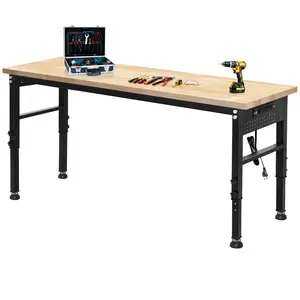 70-in Heavy-Duty Workbench with Iron Legs, 2000lb Load Capacity, Solid Rubber Wood Top, Power Outlets, Adjustable Height Table - Durable, Heavy-Duty, Tech-Integrated Utility Tables for Garage, Workshop