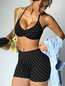 Retro Polka Dot High Waist Yoga Set, Women's Tank Top Sports Bra, Three-Quarter Fitness Shorts, Running Casual Two-Piece Set, Sporty Style Clothes
