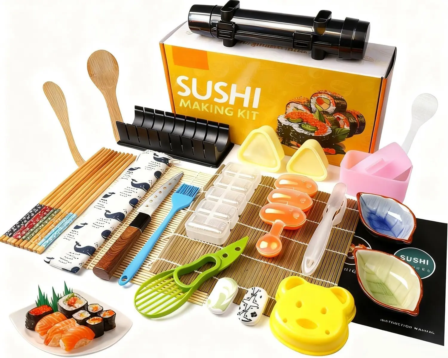 Sushi Making Kit, Pro Sushi Maker Bazooker Roller Kit with Guide Includes  Mat,  Mold, Sushi , Onigiri Mold, Chopsticks, Sauce Dishes, Rice Spreader&More  You Need DIY Sushi