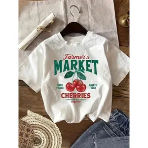 Womens Short Sleeve Graphic Tee Vintage Farmers Market Cherries Print Crewneck Casual Summer Top Soft Lightweight Cute Everyday Streetwear Mothers Day