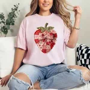 Strawberry FAUX Patchwork T-shirt Comfort Colors Summer Everyday Style Shirtsleeve love casual comfortable super soft relaxed fit unisex Sizing womenswear Streetwear  vintage Crewneck Printed Loose strawberry boho bows