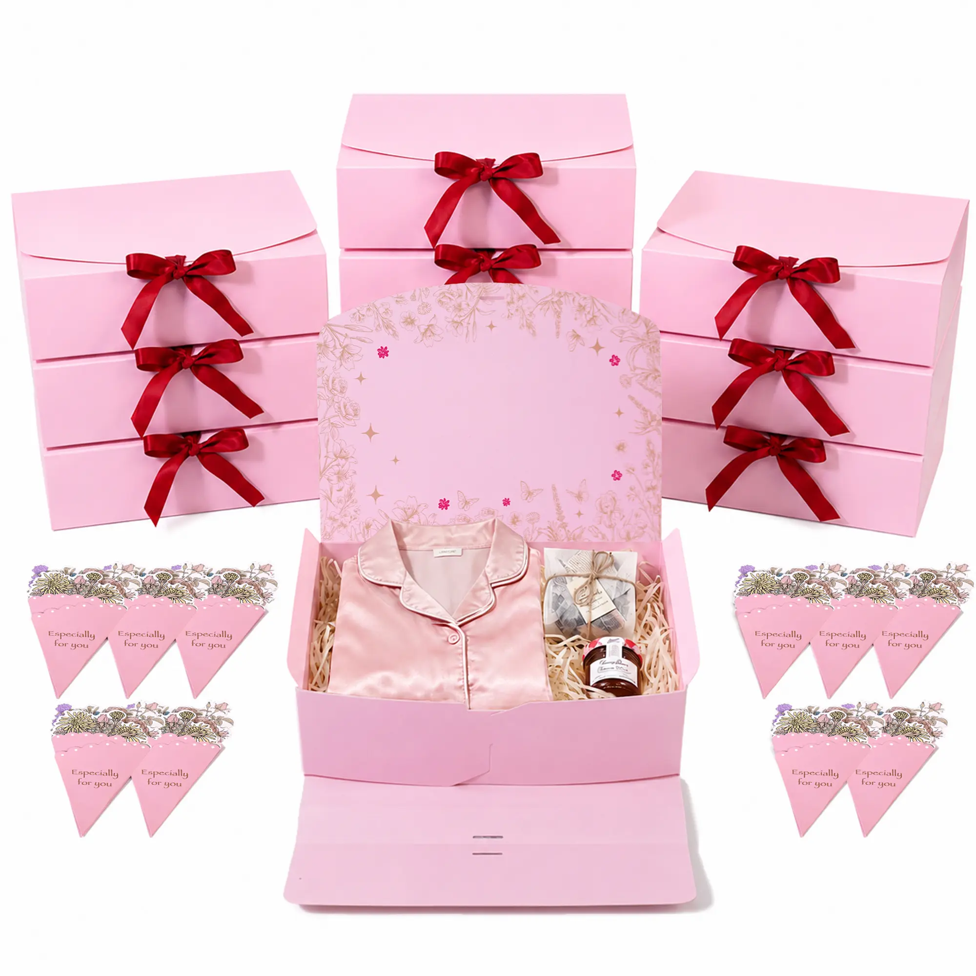 Amalee Pink Gift Boxes with Lids and Ribbon, 10 Pack, 10.6x7.8x3.1 Inch | 350gsm cardstock bridesmaid proposal boxes with 10 cards for birthday, baby shower, wedding, Valentines Day gifts
