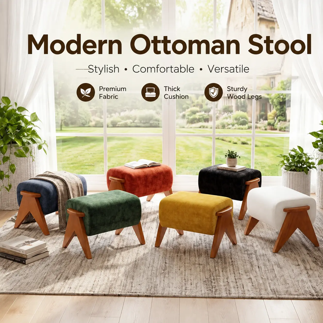 Chenille Upholstered Ottoman with Solid Wood Legs - Modern Fabric Footstool for Living Room, Bedroom Indoor Furniture Stool & Bench