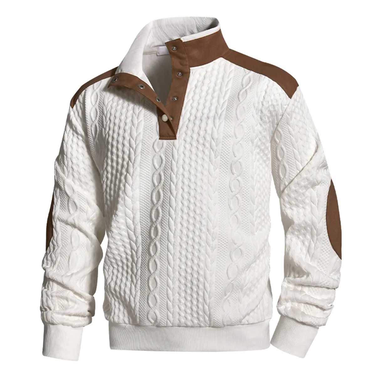 Men's Cable Knit Polo Sweater, Long Sleeve Snap Button Collared Pullover with Contrast Shoulder Trim, Textured Casual Fall Winter Top for Work and Everyday Wear