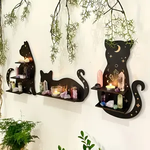 Cat Wall Shelf, Modern Design with Star Moon Cutouts, Wall Mount Design, Multi-Compartment Candle Crystal Display, Easy Assembly, Home Decor