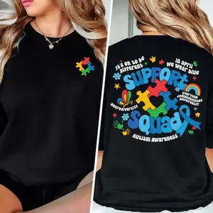 Autism Awareness T-Shirt, Family Support Graphic Tee, Neurodiversity and Inclusion Short Sleeve Shirt, Casual Inspirational Cotton Tee, Autism Mom Shirt, Positive Message Tee, Everyday Wear, Gift for Mom, Dad, or Loved Ones, Support Squad Design