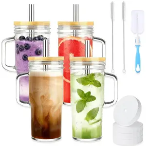 Party Ready 4Pack Glass Tumblers with Handles Lids & Straws for Boba Smoothies Hot Cold Beverages Complete Set