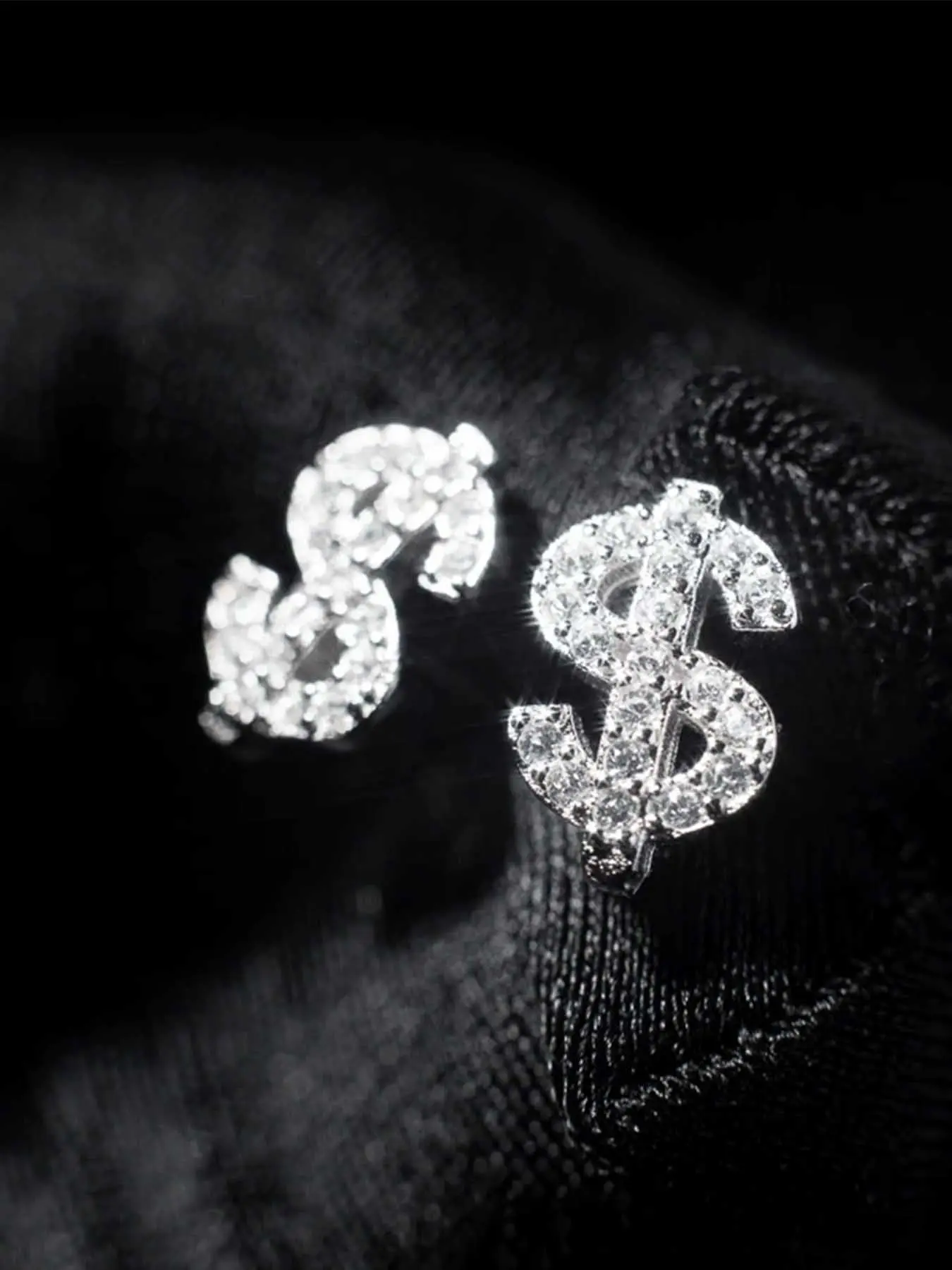 Trendy Hip Hop Dollar Symbol Copper Artificial Zirconia Earrings, High Quality Earrings, Unisex Street Style Party Jewelry, Fashionable Oxidized Silver Color Copper Studs, Fashionable Jewelry Accessories