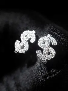 Trendy Hip Hop Dollar Symbol Zircon Earrings, High Quality Earrings, Unisex Street Style Party Jewelry, Fashionable Oxidized Silver Color Copper Studs