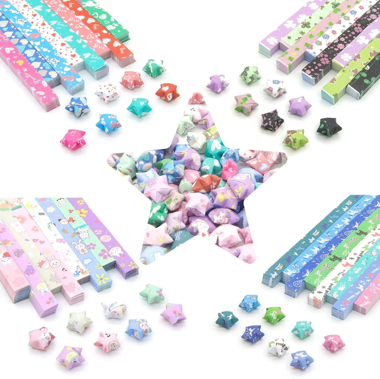 2160 Sheets Origami Star Paper Strips - 4 Cute Cartoon Animal & Heart Cutouts,Pastel Vibrant Colors for DIY Crafts, Birthday Party Decorations, Scrapbooking