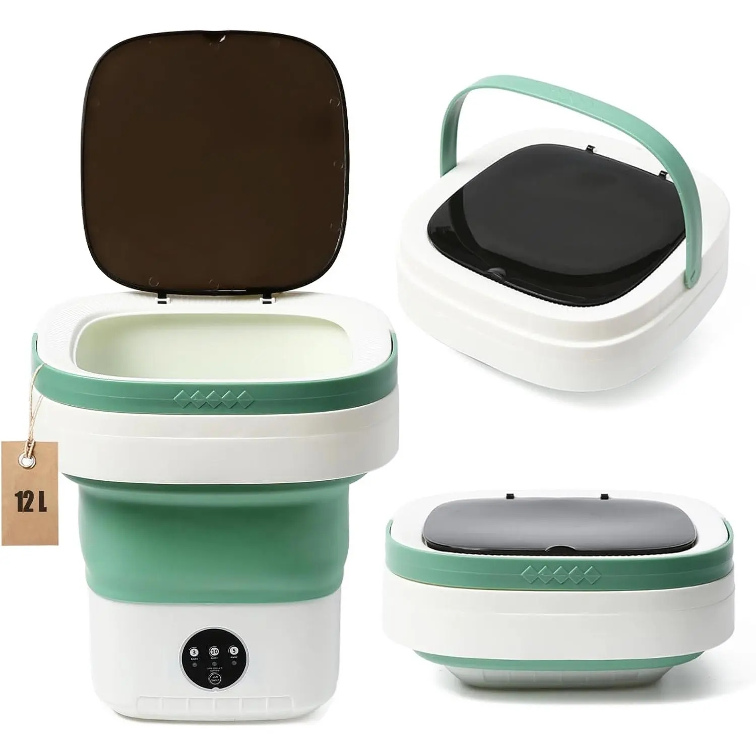 12L Foldable Portable Mini Washer with Spin Basket - Green, 13*12in Compact Leakproof Deep Cleaning Laundry Appliance, Easy-Carry High-Quality Material Simple Operation Helper for Camping, Travel, Home Use, Foldable Design, Spin Dry Function