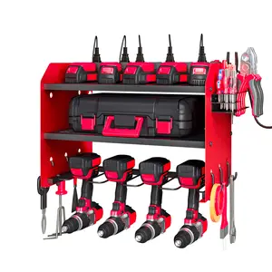 Power Tool Organizer Wall Mount with Charging Station 3 Layer Heavy Duty Metal Tool Storage Rack with 4 Cordless Drill Holder Utility Rack with 8 Power Strip