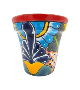 Mexican Talavera Hand Painted Planter Pot (Maceta Ranchera #18) - Traditional Ceramic Garden & Home Décor - Red Trim